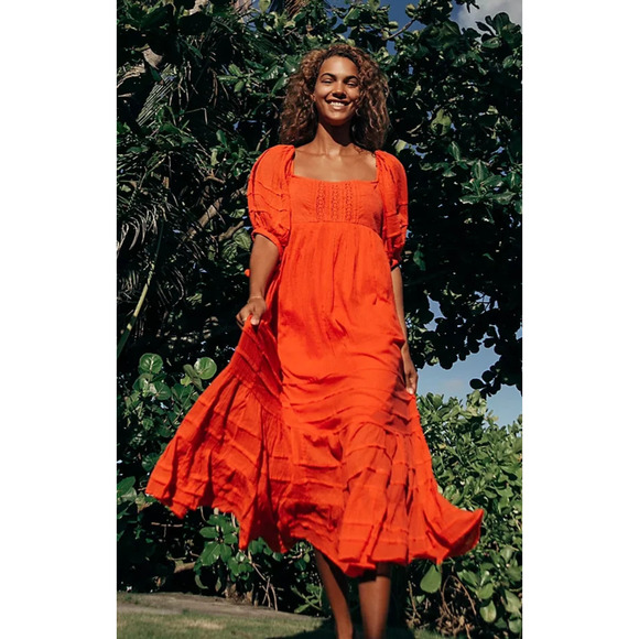 Free People Let's Be Friends Midi Dress Rome Red Boho Western Peasant Beach M - Picture 7 of 16